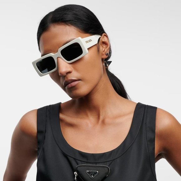 NEW Prada PR A07S 1425S0 Talc White Dark Grey Rectangle Unisex Sunglasses - Picture 9 of 9